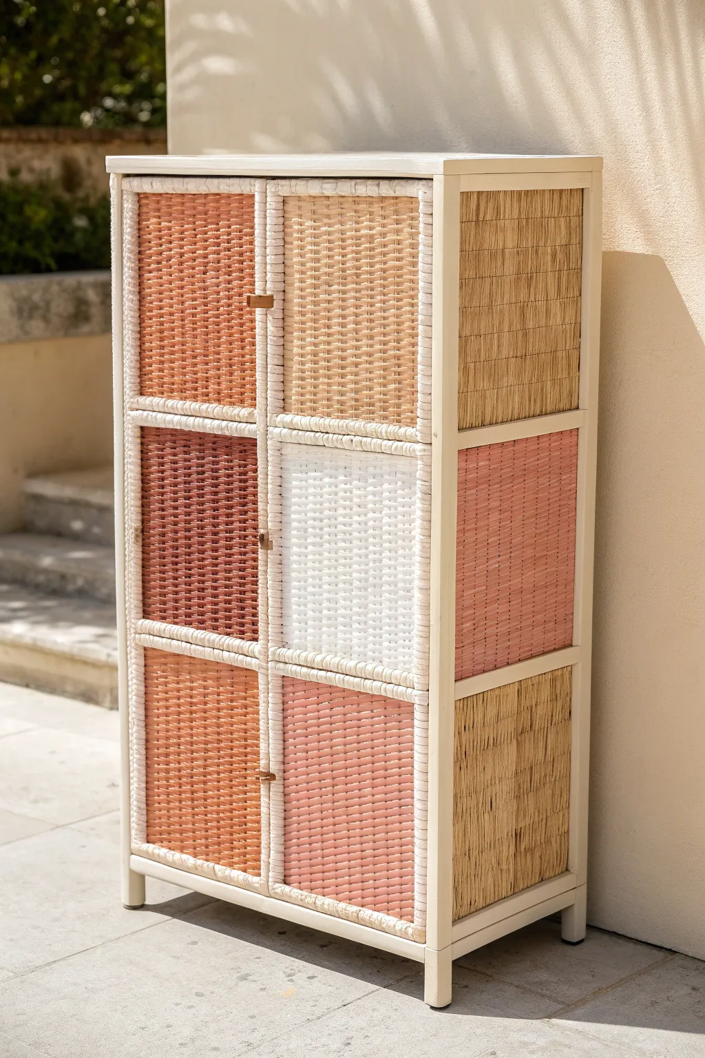 Bold color-blocked wicker cabinet with clean lines and modern contrast, simple boho minimalism