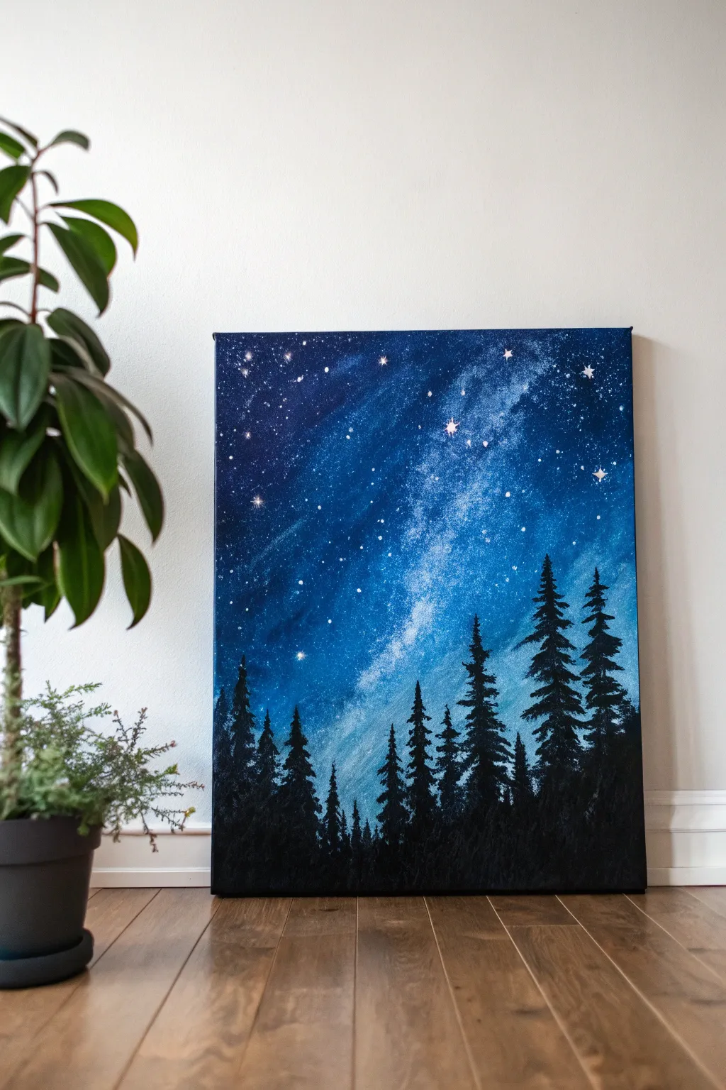 Palette knife night sky: deep blue swirls, thick bright stars, and a calm dark treeline silhouette.