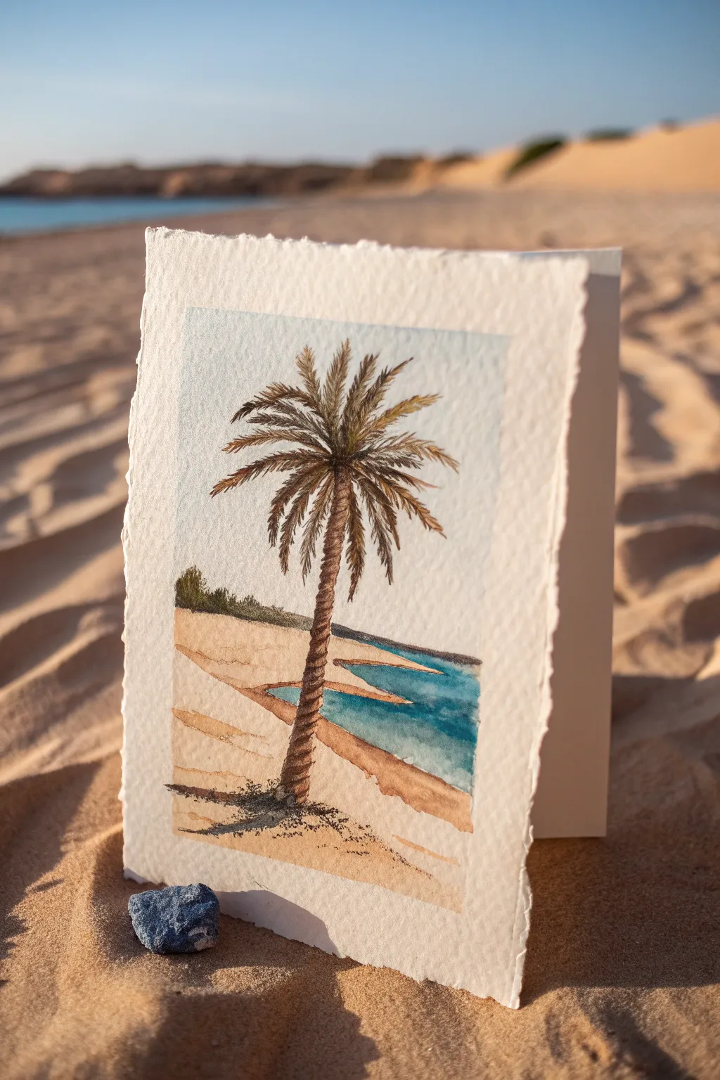Minimal desert oasis palm tree painting: warm sand, tiny blue water, long calming shadow.