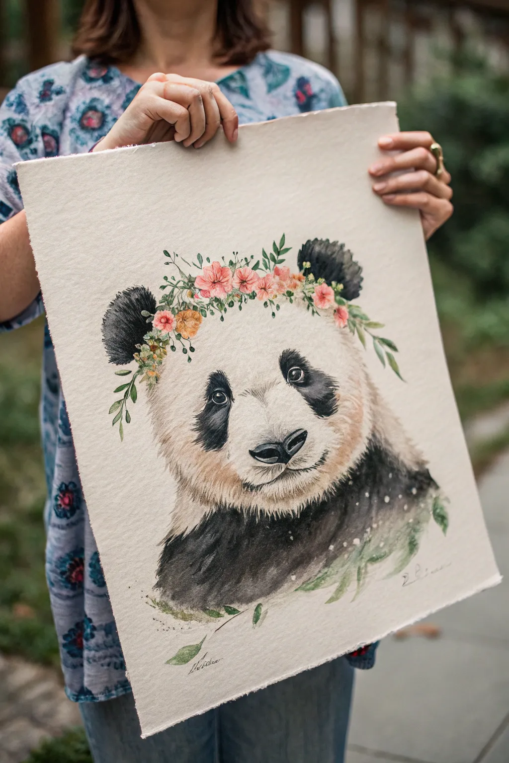 Sweet panda with a colorful, slightly messy floral crown in a clean Scandinavian-boho style.