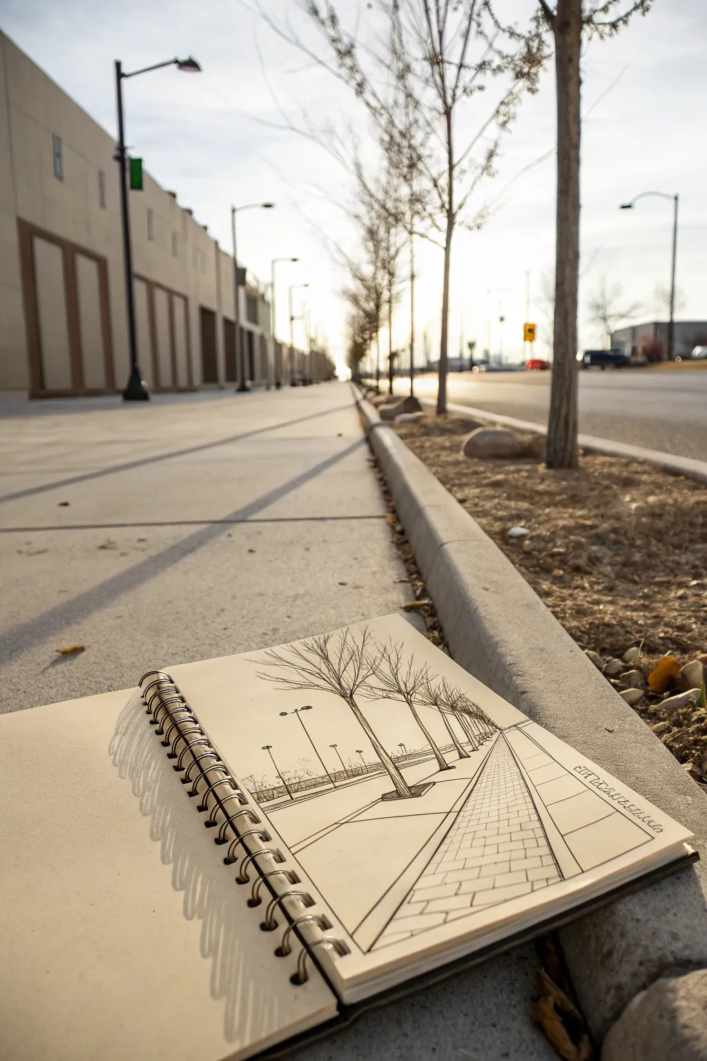 Sidewalk perspective lines: repeating slabs and curb guiding the eye to a calm vanishing point