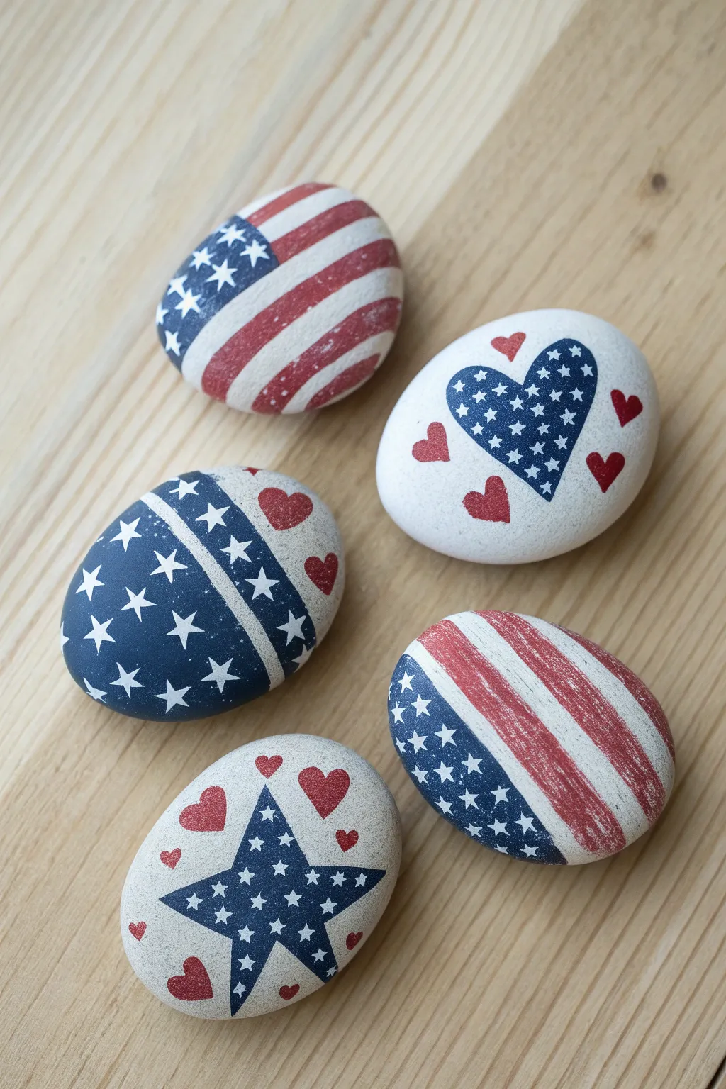 Handmade stars-and-stripes rock minis on pale wood, a chic patriotic painting idea.