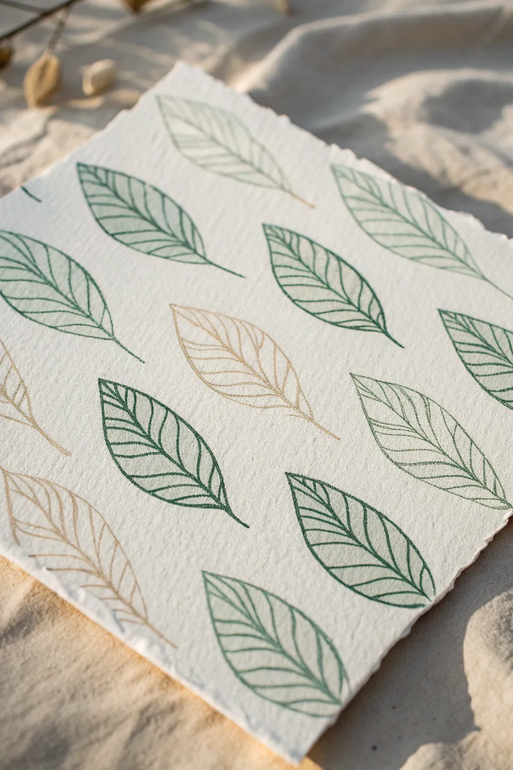 Leaf vein repeat swatch in sage and terracotta, a minimal boho botanical pattern idea