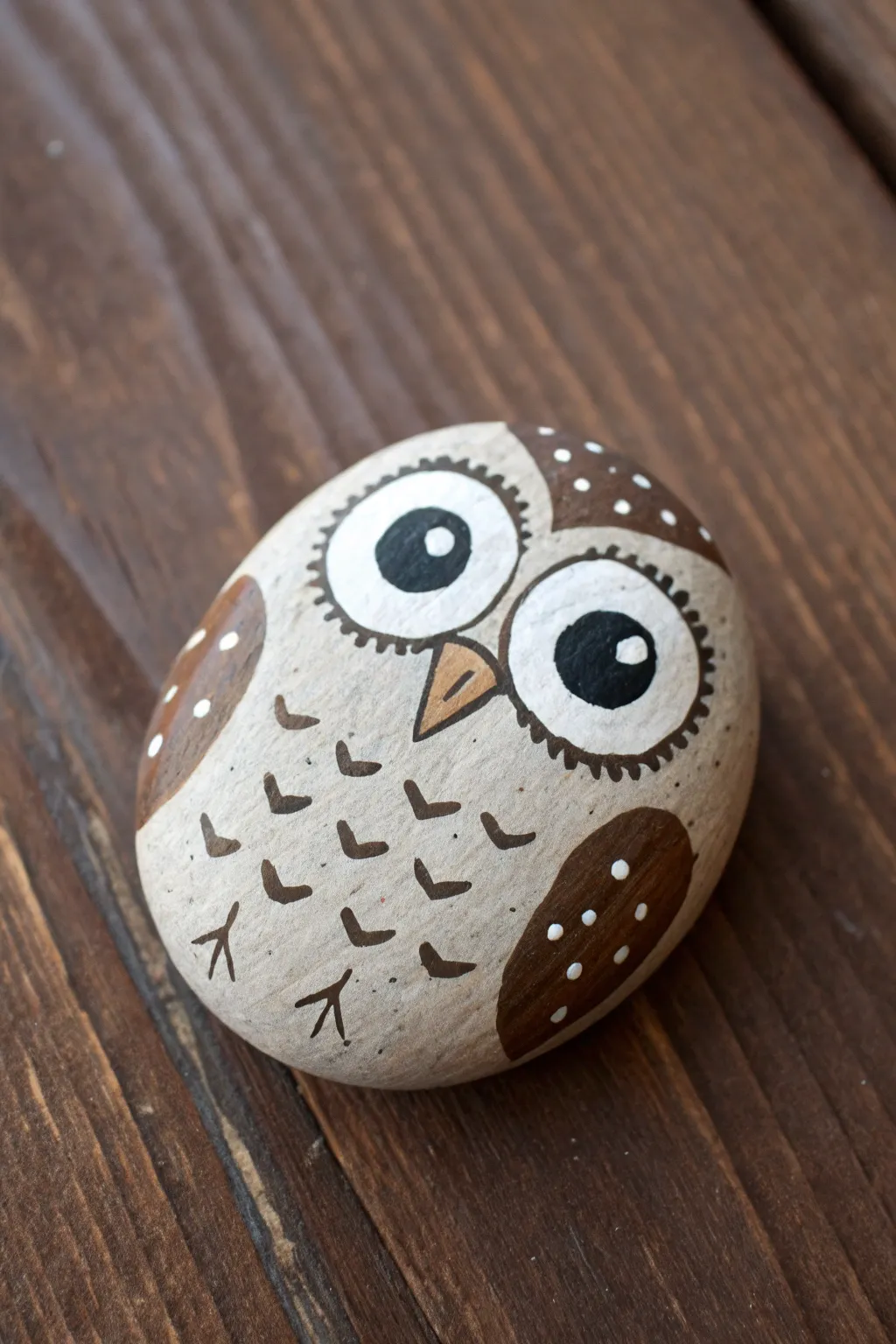 Paint a simple owl face on a round pebble for cozy minimalist Scandi boho desk decor