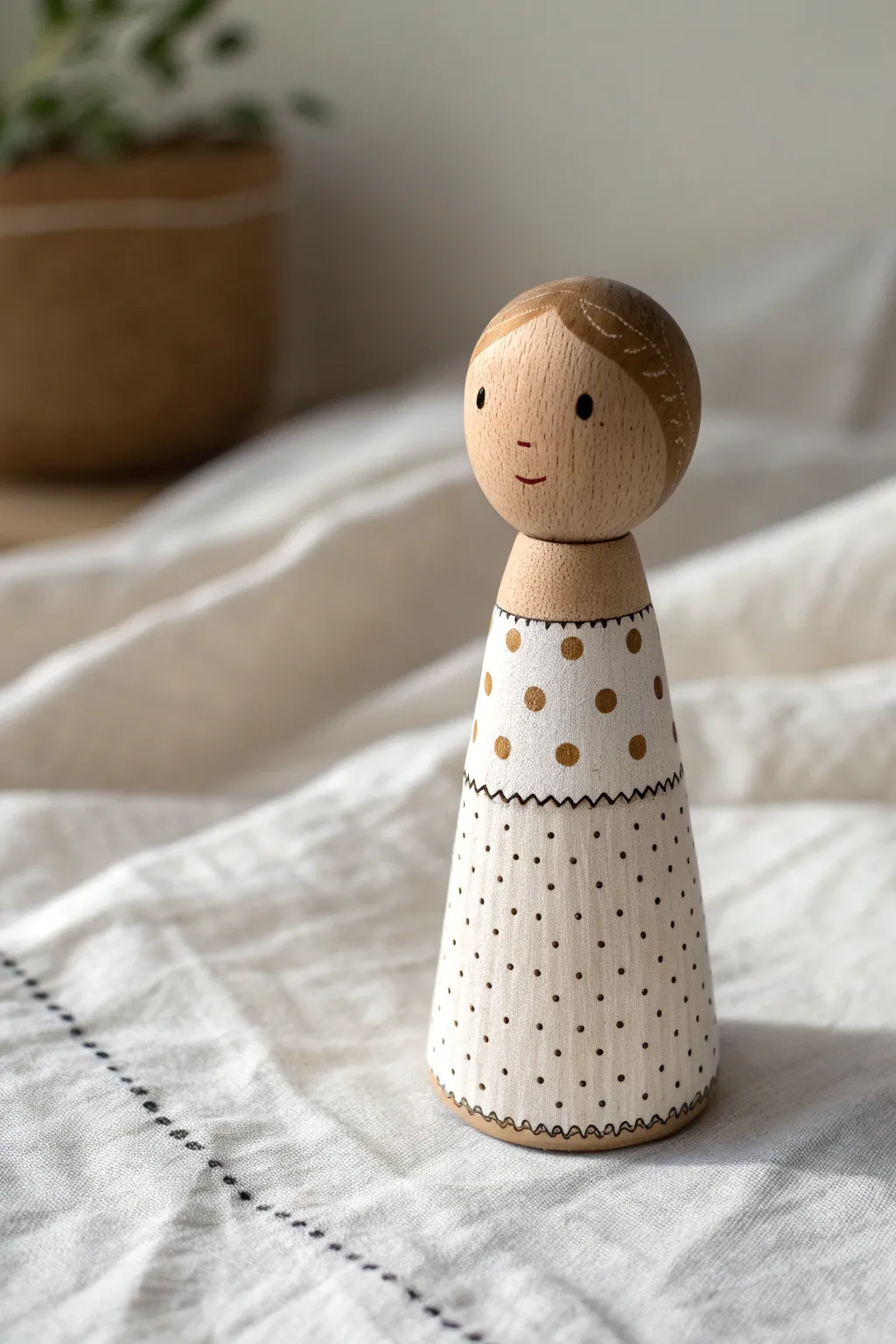 One peg doll, three tiny patterns: crisp dots, clean stripes, and soft gingham checks in pastel tones