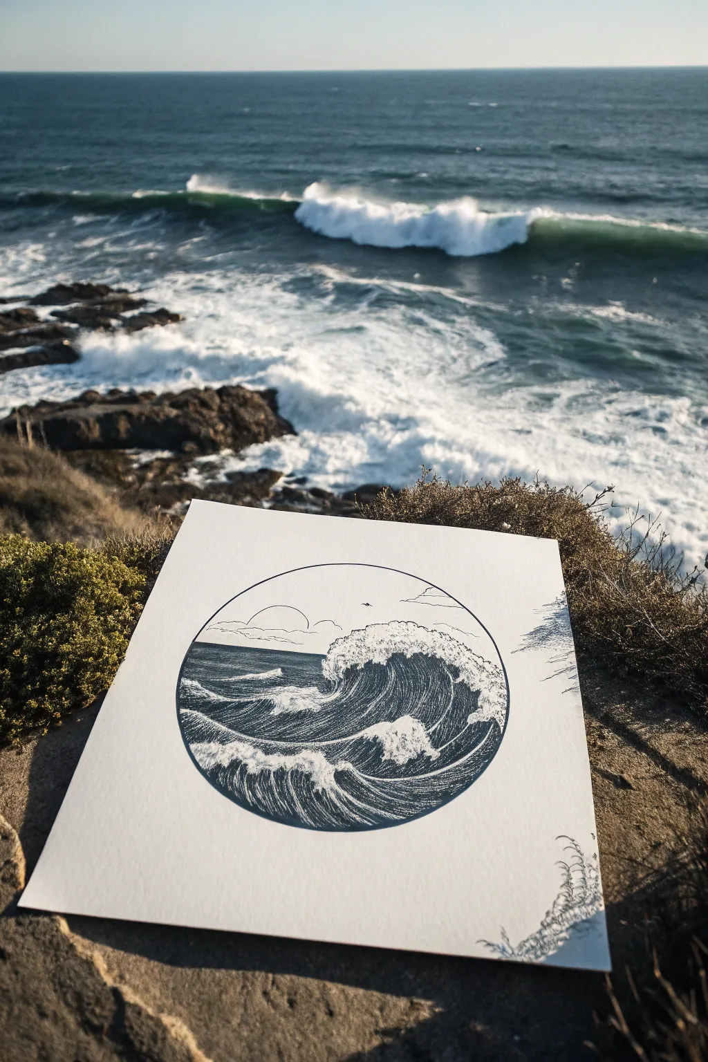 Circular pen-drawn seascape vignette with bright negative-space foam and rich hatched shadows.