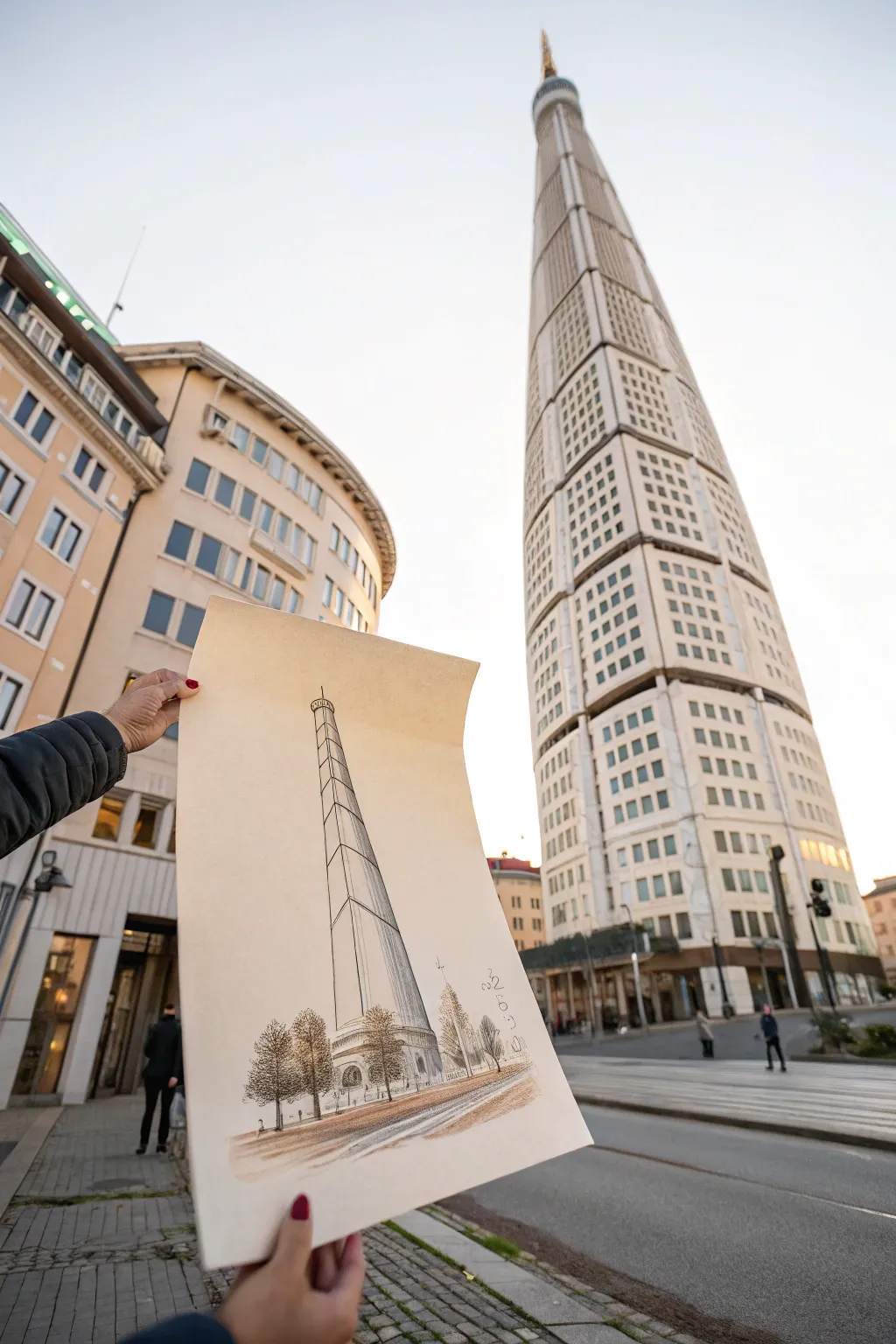 Worm’s-eye three-point perspective sketch of a tall building, bold lines, soft boho neutrals.