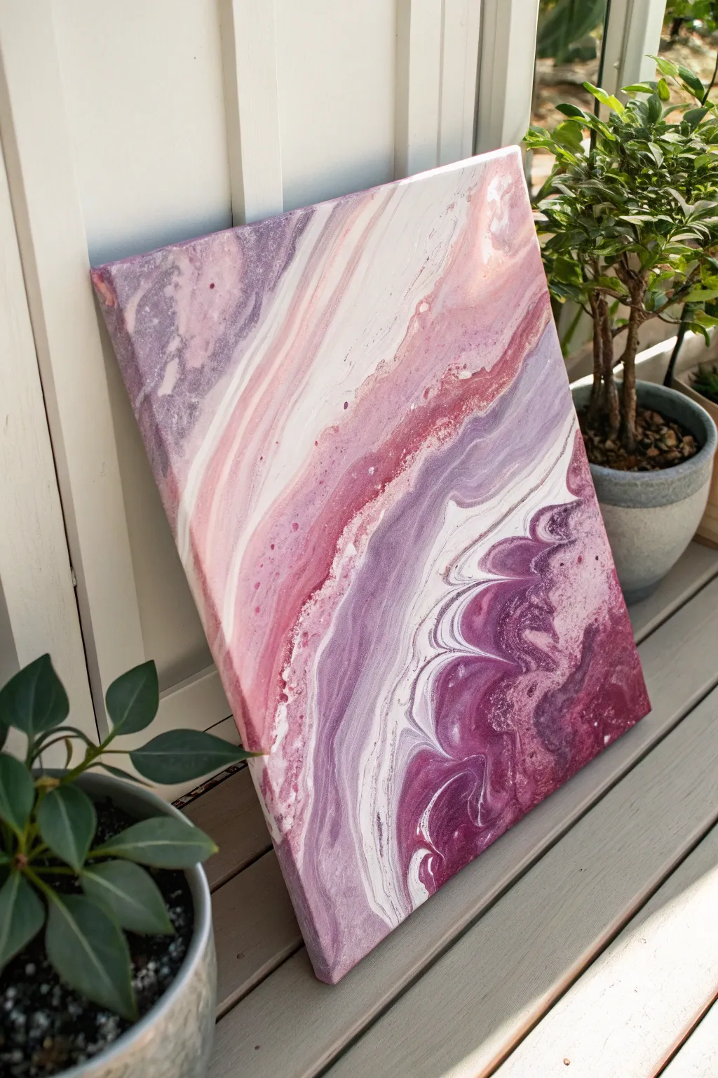 Abstract pink and purple acrylic pour cells with crisp white lacing and glossy contrast