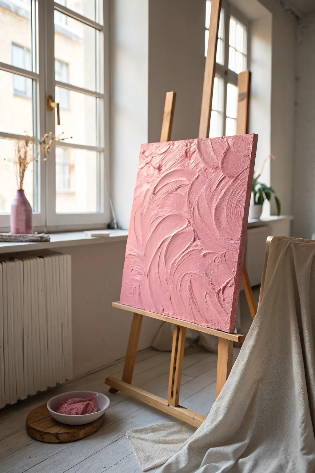 Sculptural pink palette knife swirls that catch the light, minimal boho texture inspiration.