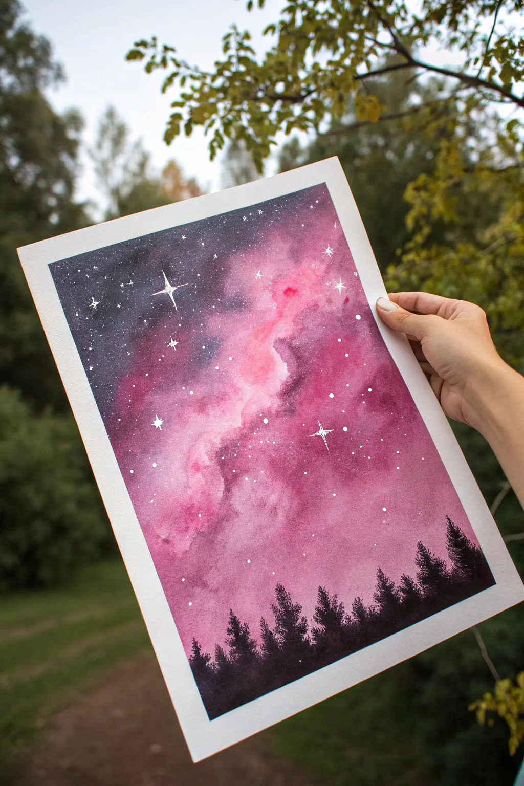 Deep magenta nebula fades into blush pink, finished with crisp white splatter stars.