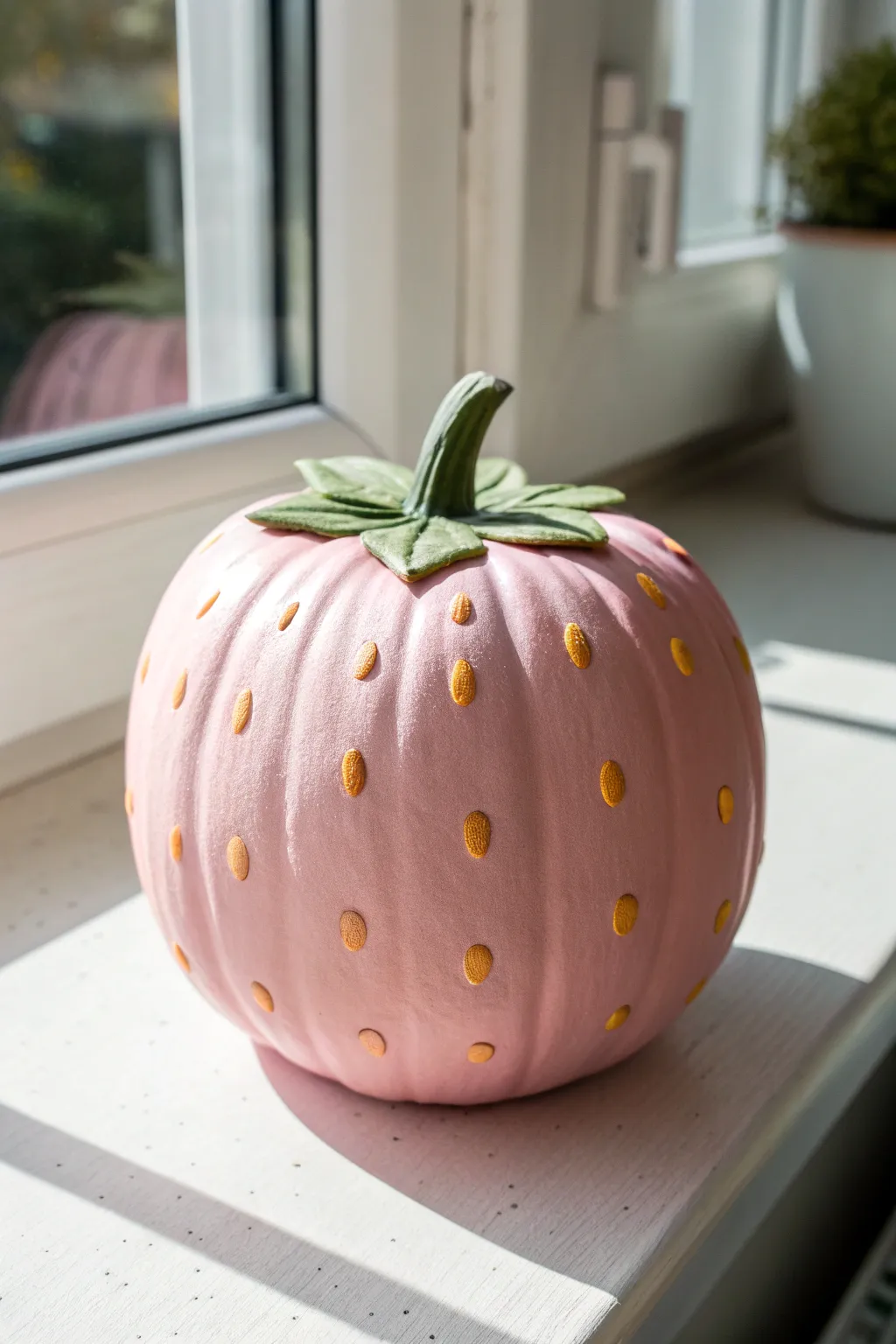 Strawberry pink pumpkin with tiny seed dots and leafy top, minimalist boho windowsill glow.