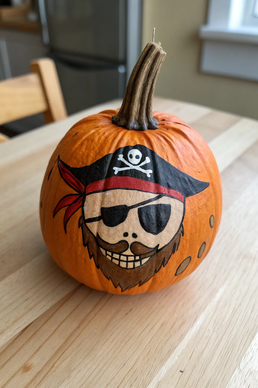 Weathered pirate pumpkin with dry-brushed shadows for rugged depth and minimalist charm.