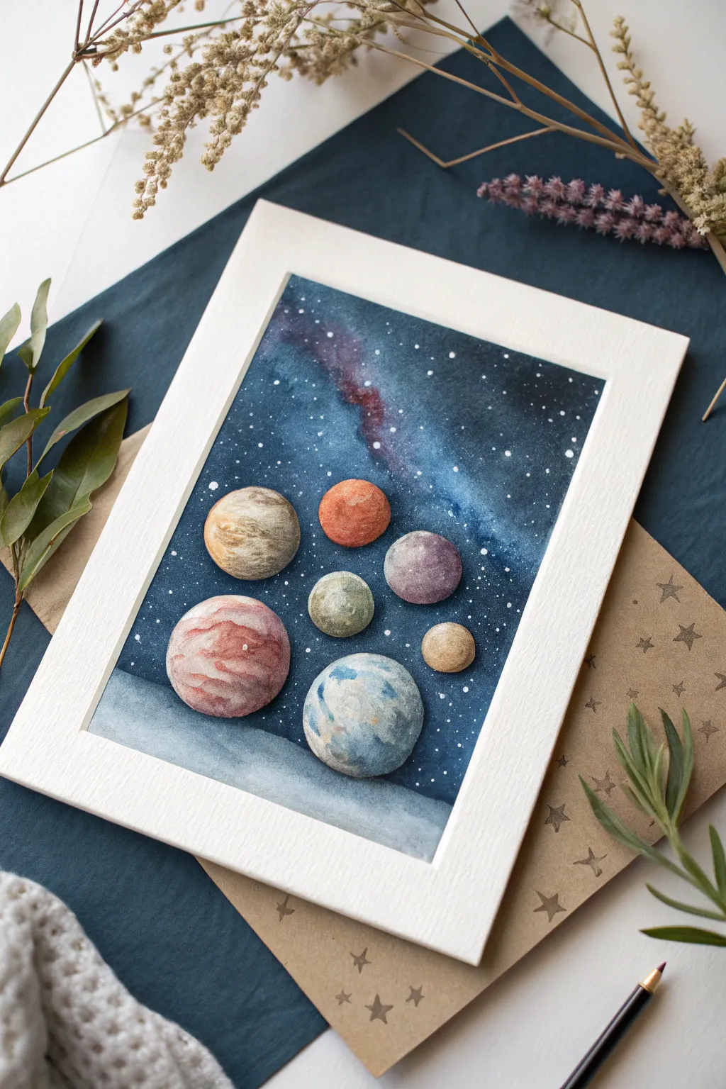 Dwarf planet mini set: paint textured tiny spheres against a deep indigo space wash with bright stars