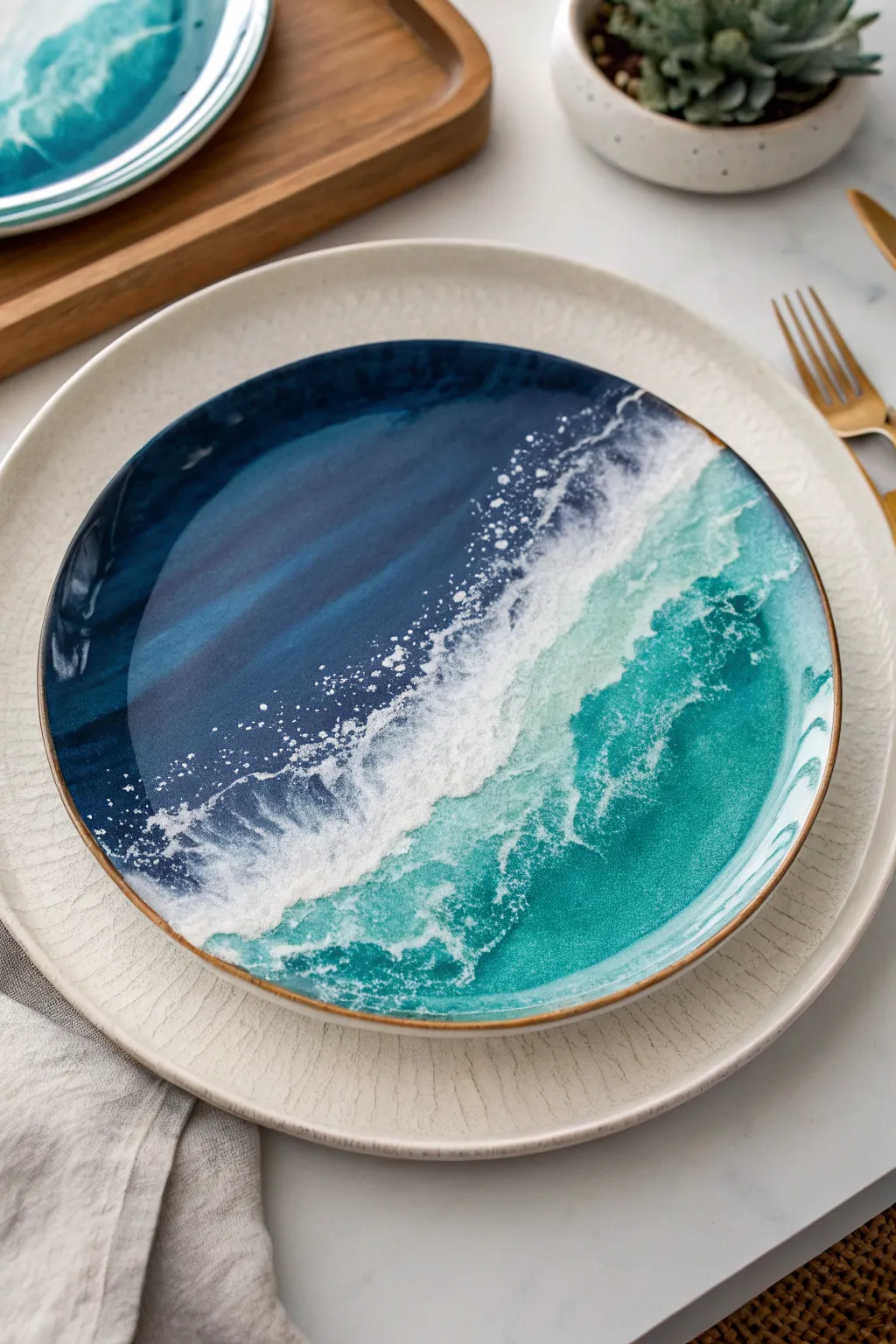 Coastal wave plate painting in deep blue to seafoam, minimalist boho styling and crisp contrast.