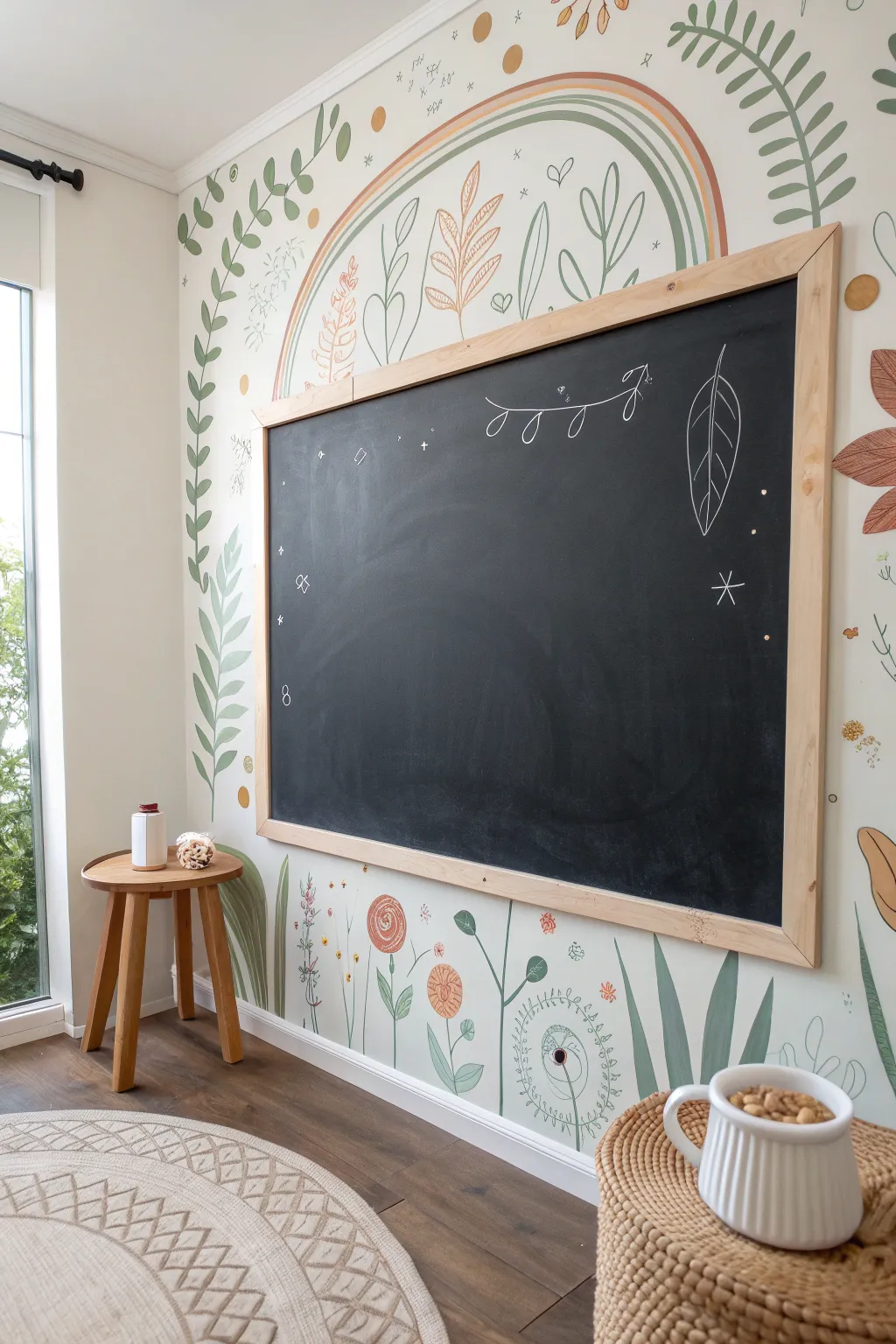 Scandi boho playroom chalkboard mural with a painted frame, styled for easy daily doodles