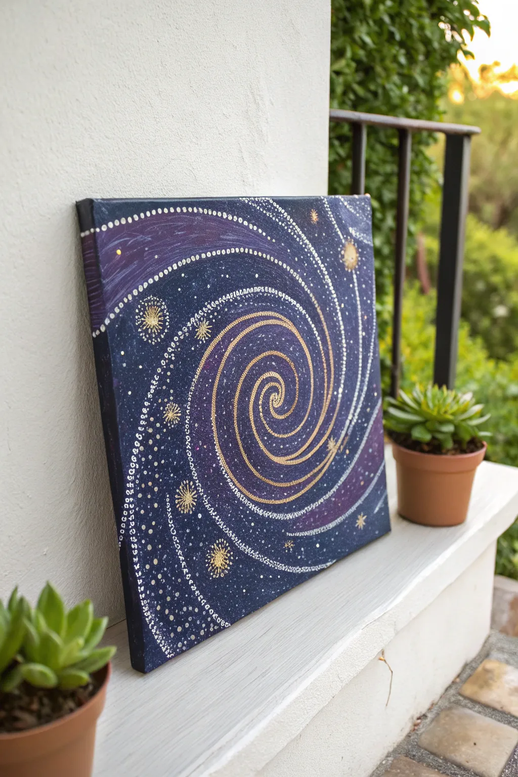 Swirly night sky pointillism: curved dot trails and bright stars on deep indigo canvas