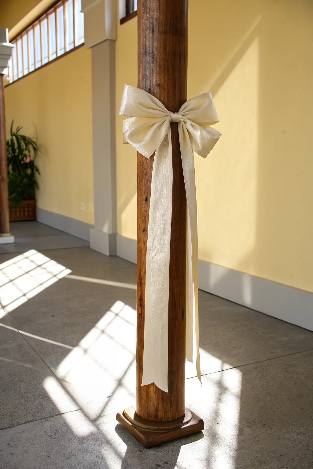 Trompe loeil ribbon wrap makes a plain pole look tied with satin and a bow in soft minimal style