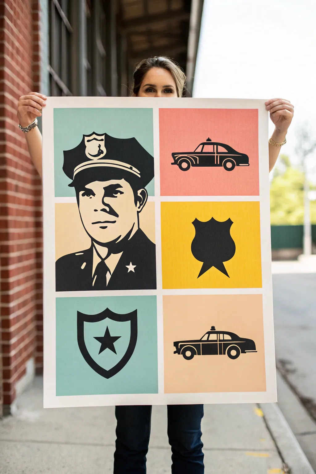 Bold pop art police hero panels in clean Scandinavian colors, perfect for beginner painters