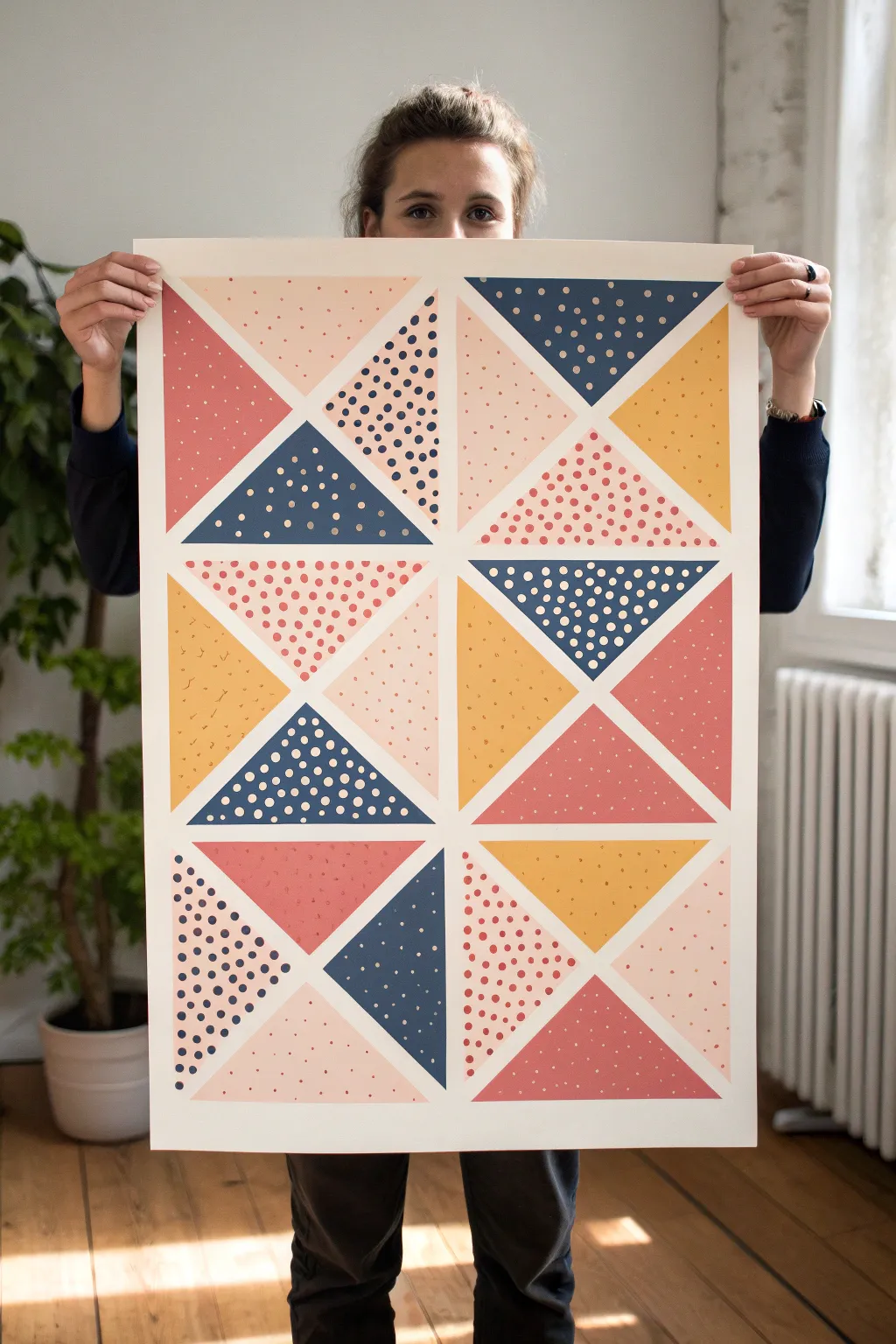 Ben-Day dots inside crisp shapes create a bold pop-art background with Scandinavian minimal charm.