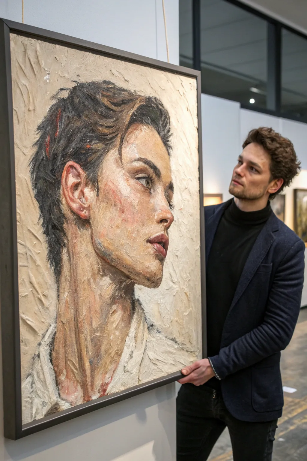 Bold impasto portrait surface with visible brushwork and sculpted texture in soft boho neutrals.