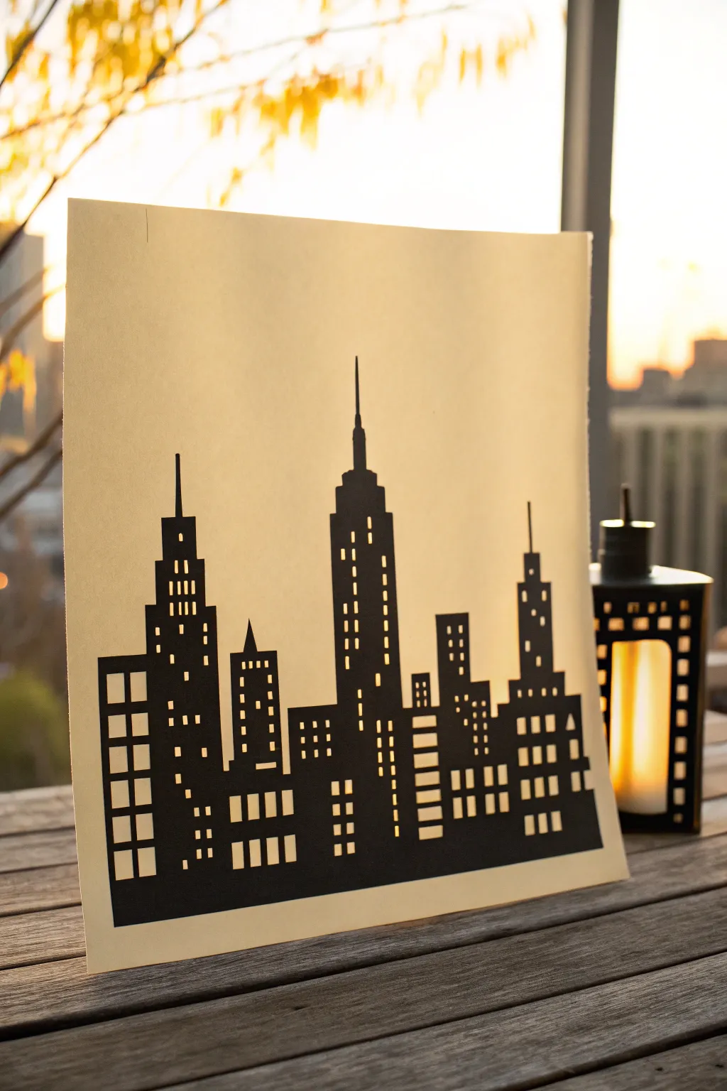 Bold city skyline silhouette with glowing negative-space windows for striking space art practice