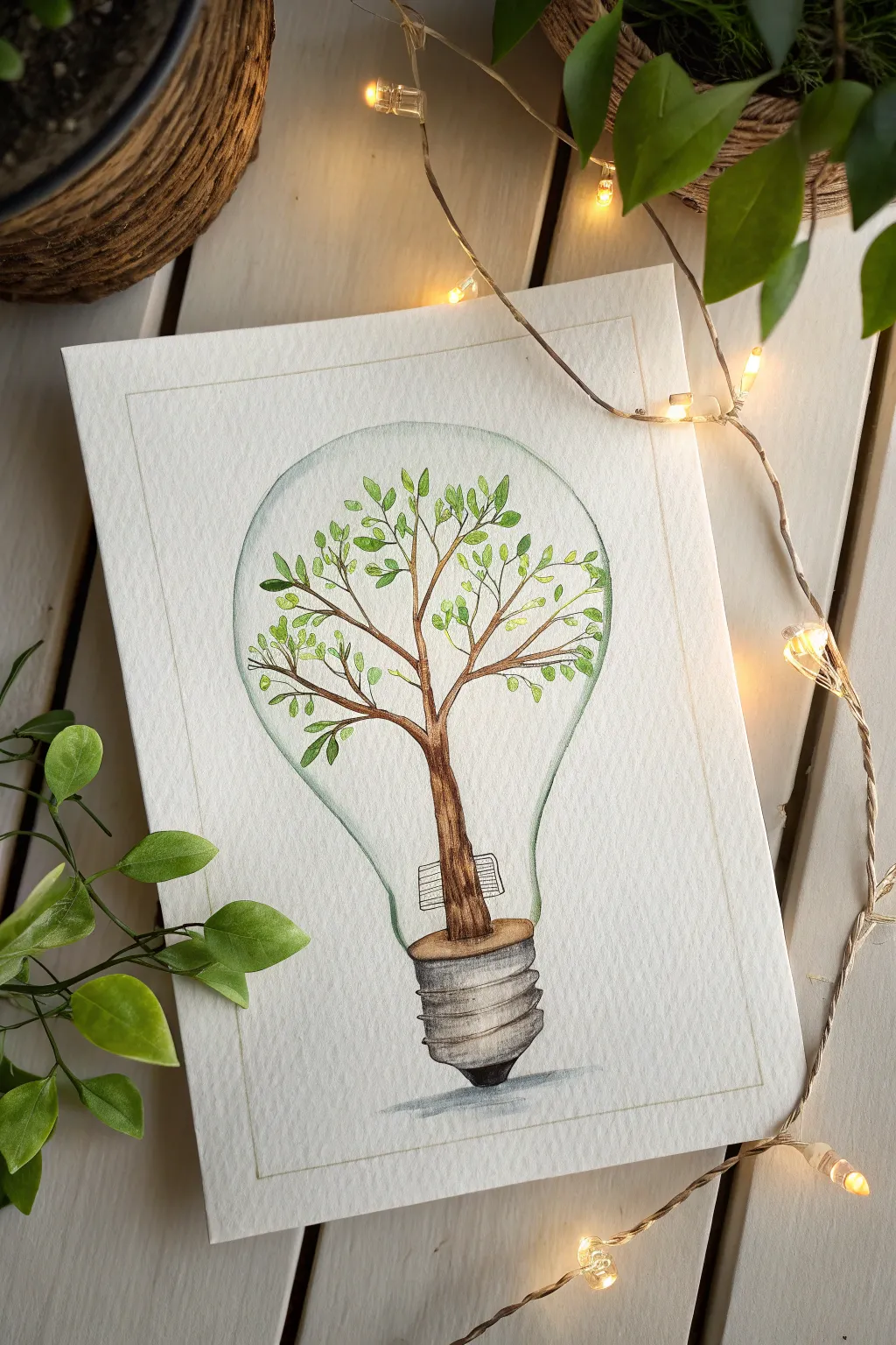 A bright idea in watercolor: a simple lightbulb silhouette nurturing fresh green growth.