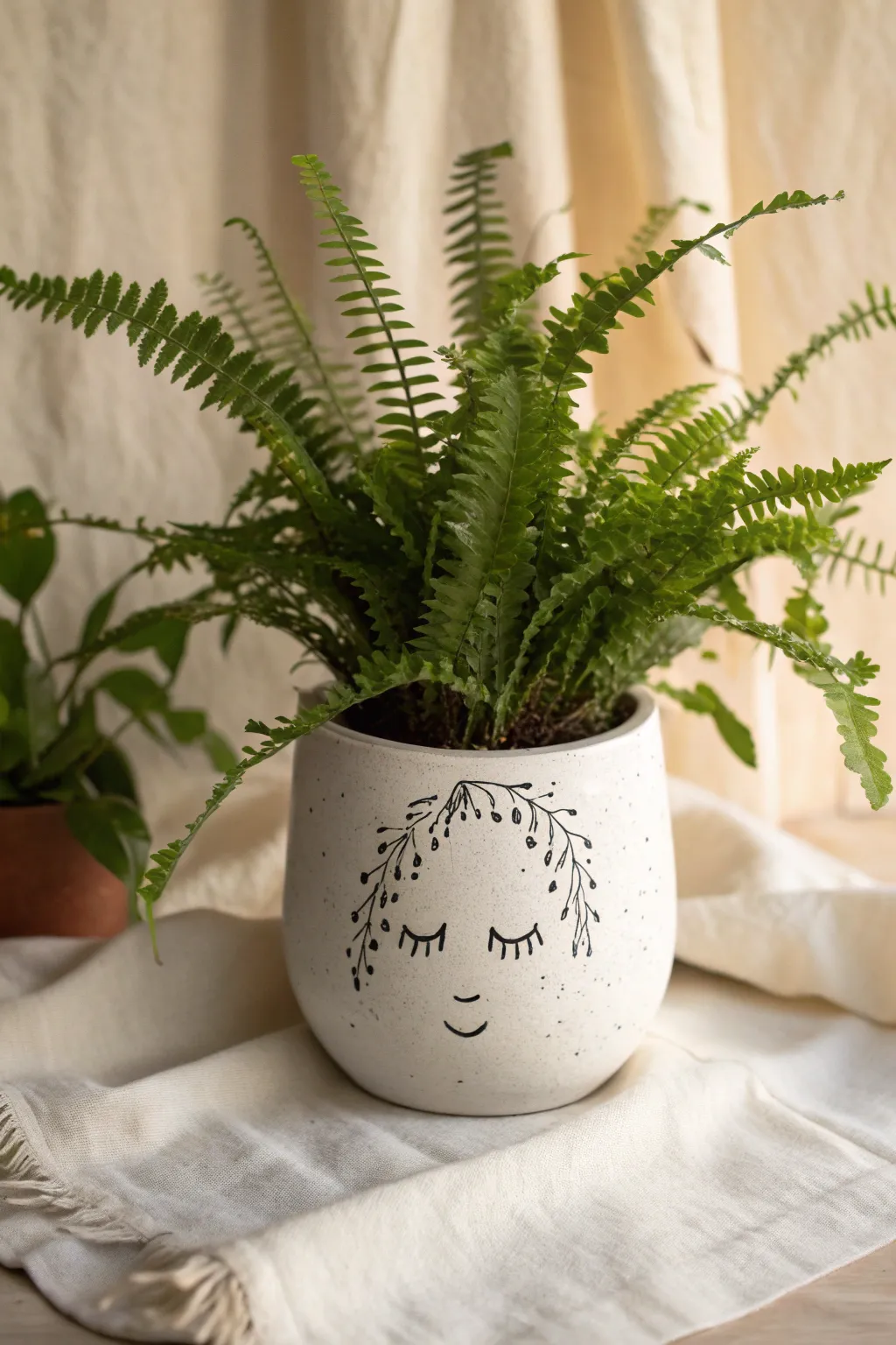 Cute character pot with fern hair, simple line face, Scandinavian boho drawing inspo