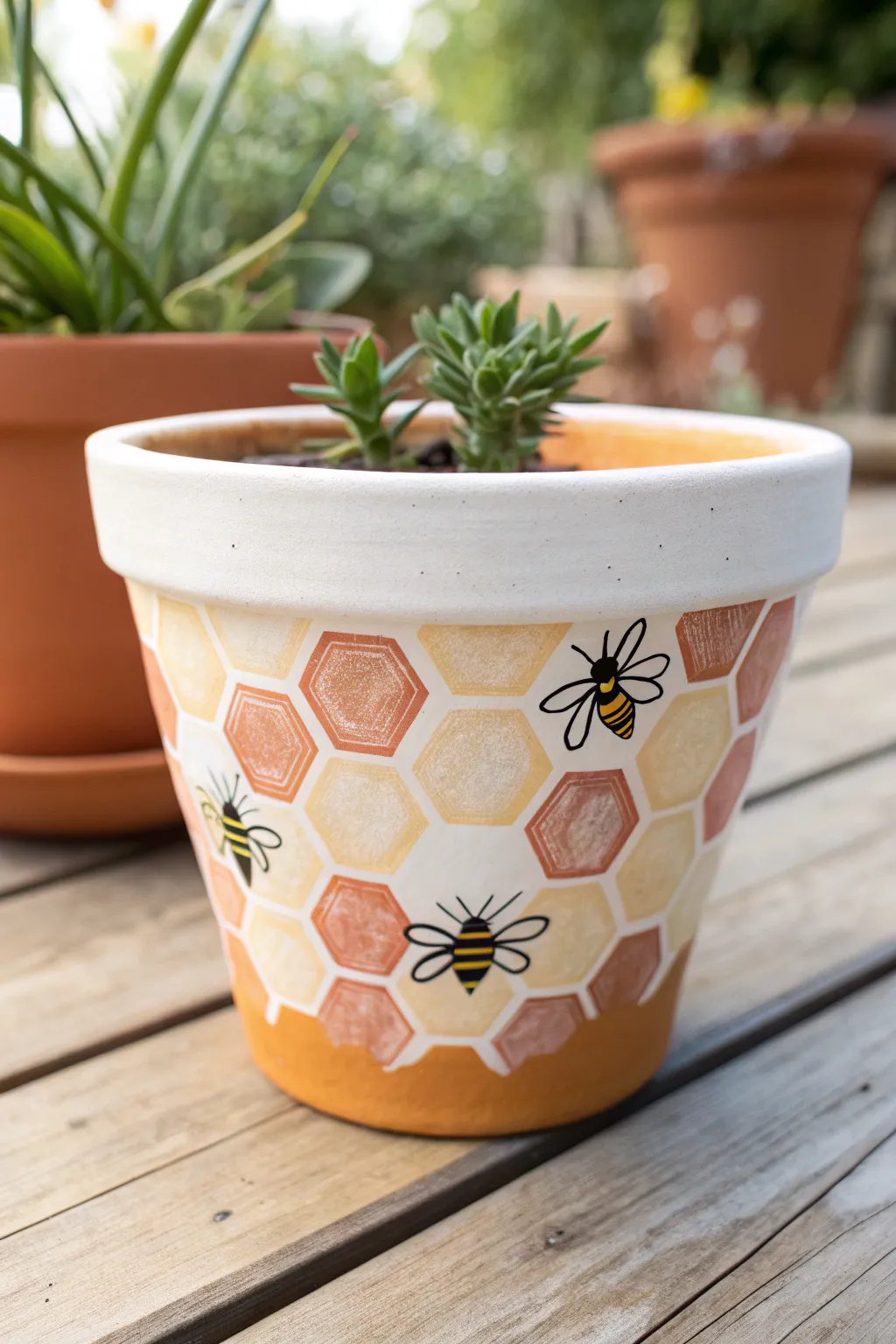 Hand-painted terracotta pot with honeycomb hexagons and sweet little bees, garden-ready.