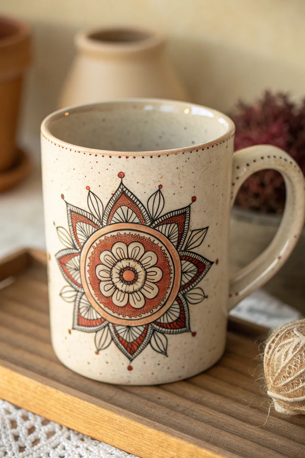 Centered mandala medallion mug design idea with crisp symmetry and warm minimalist contrast