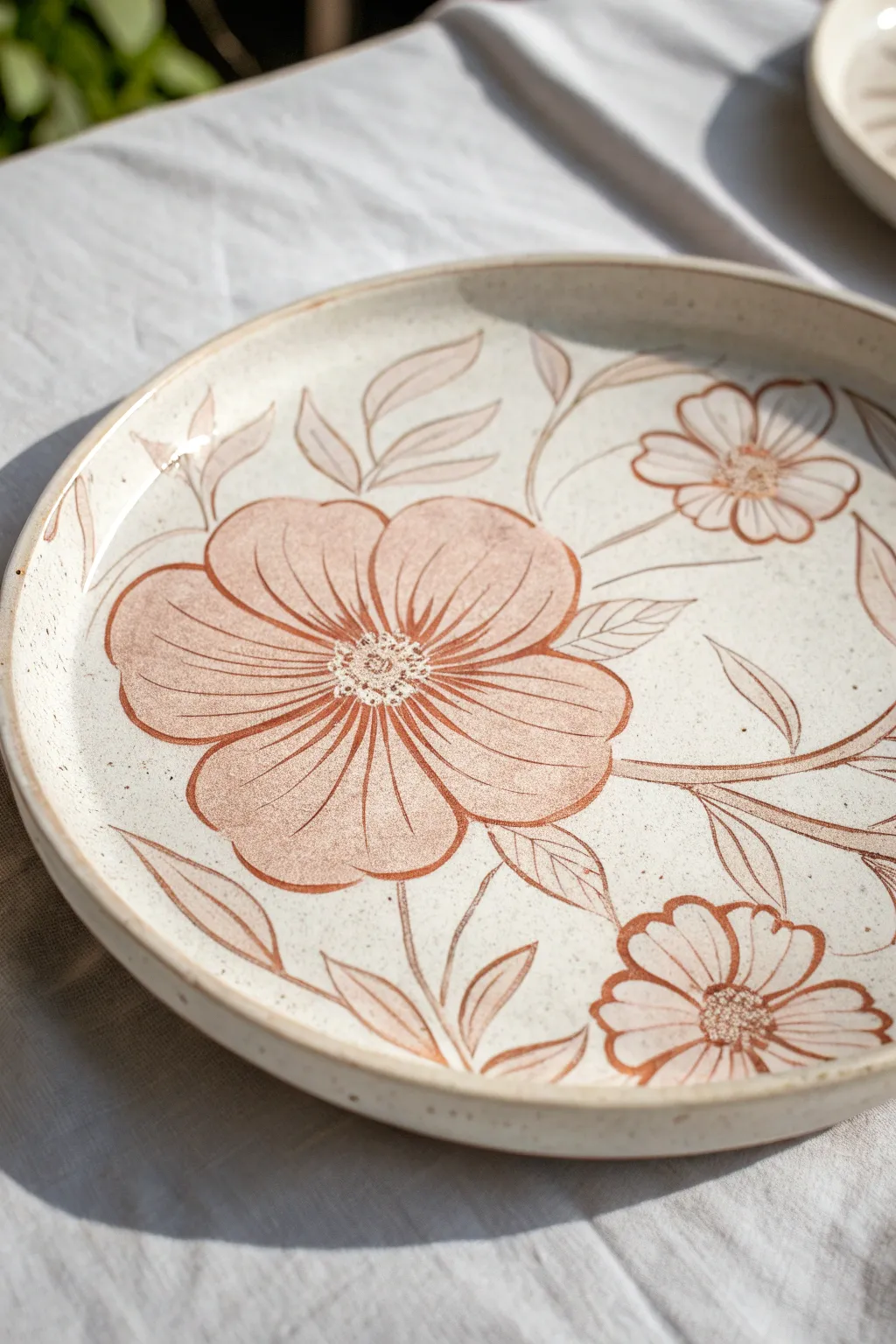 Close-up sgraffito flower plate with delicate scratched veins and stamen details in crisp focus