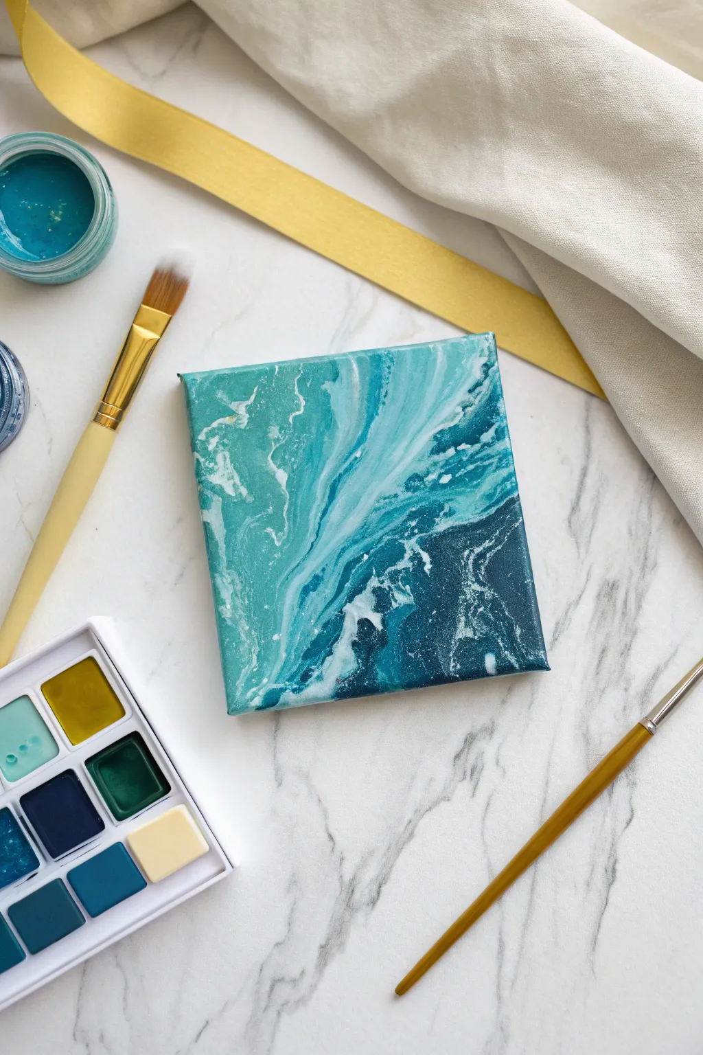 Two-tone teal pour with a bold yellow accent, minimalist palette recipe beside it