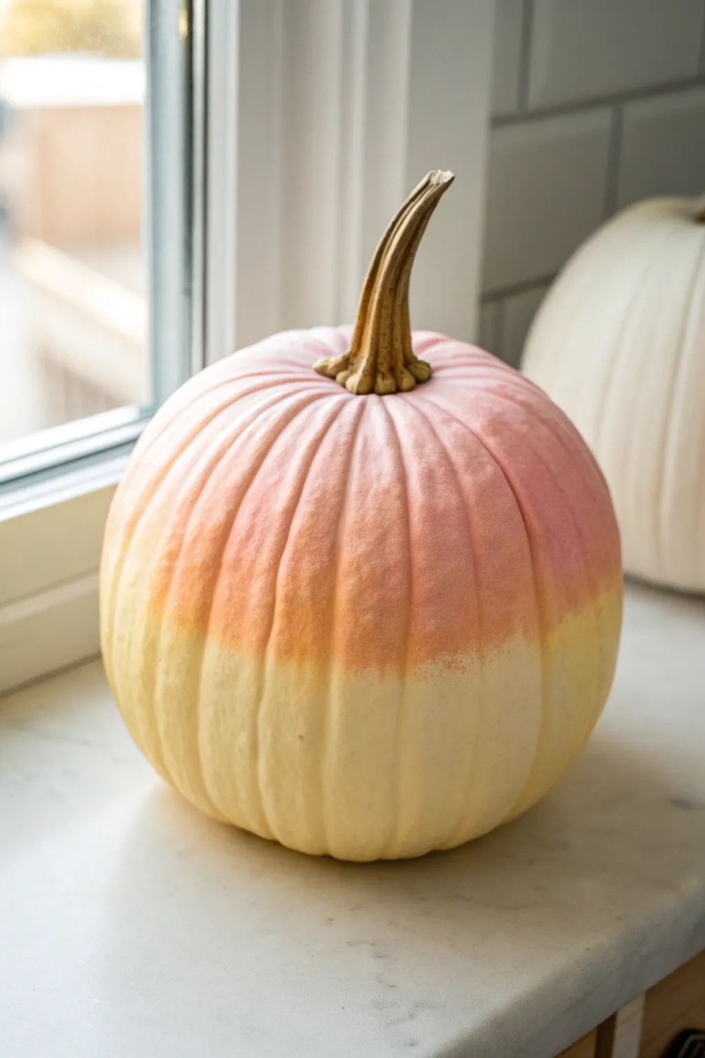 Soft ombré sunset pumpkin in blush, peach, and pale yellow for chic preppy fall decor