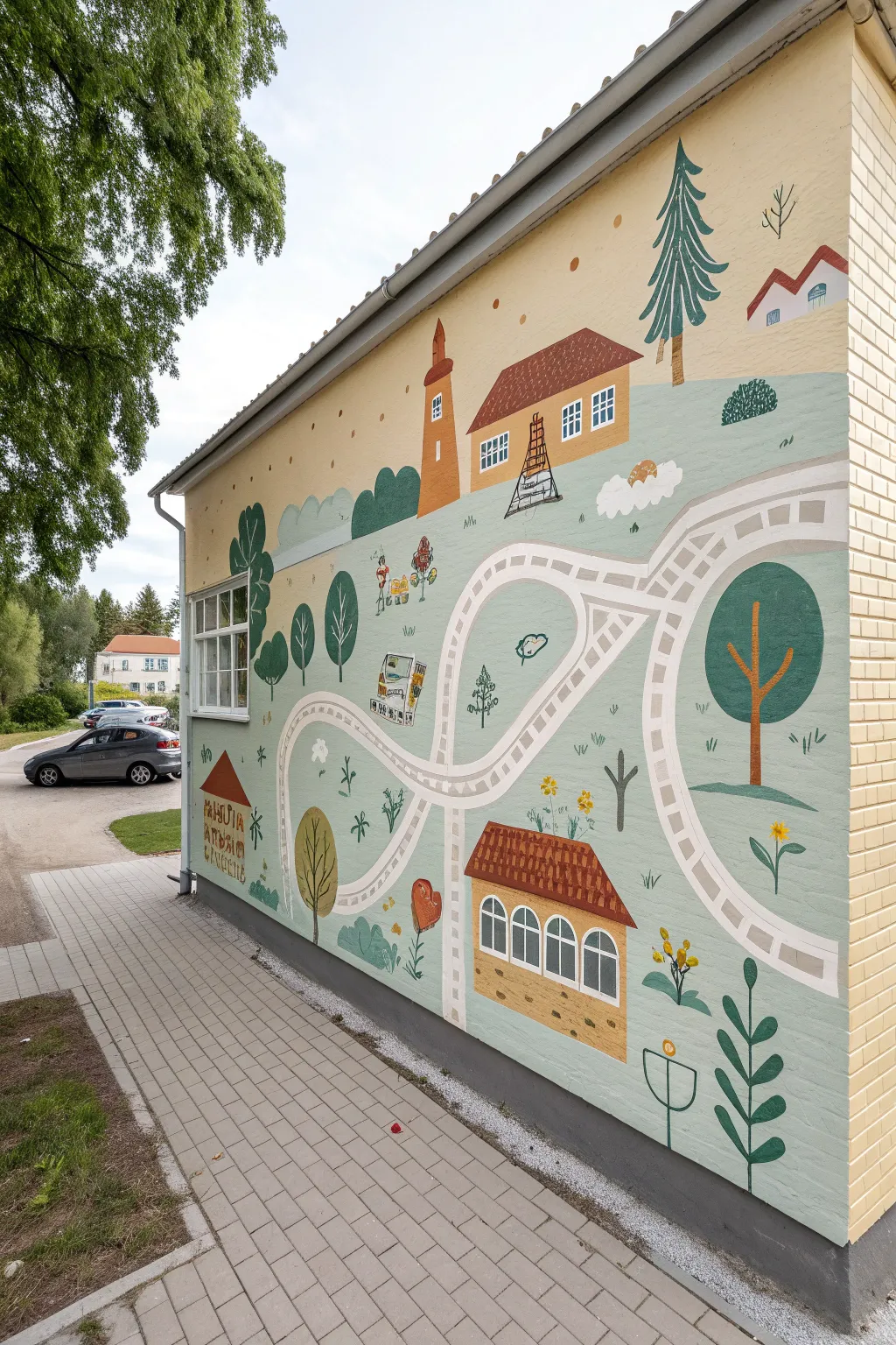 Chunky neighborhood map mural with school, park, pond, and homes in soft Scandi boho tones