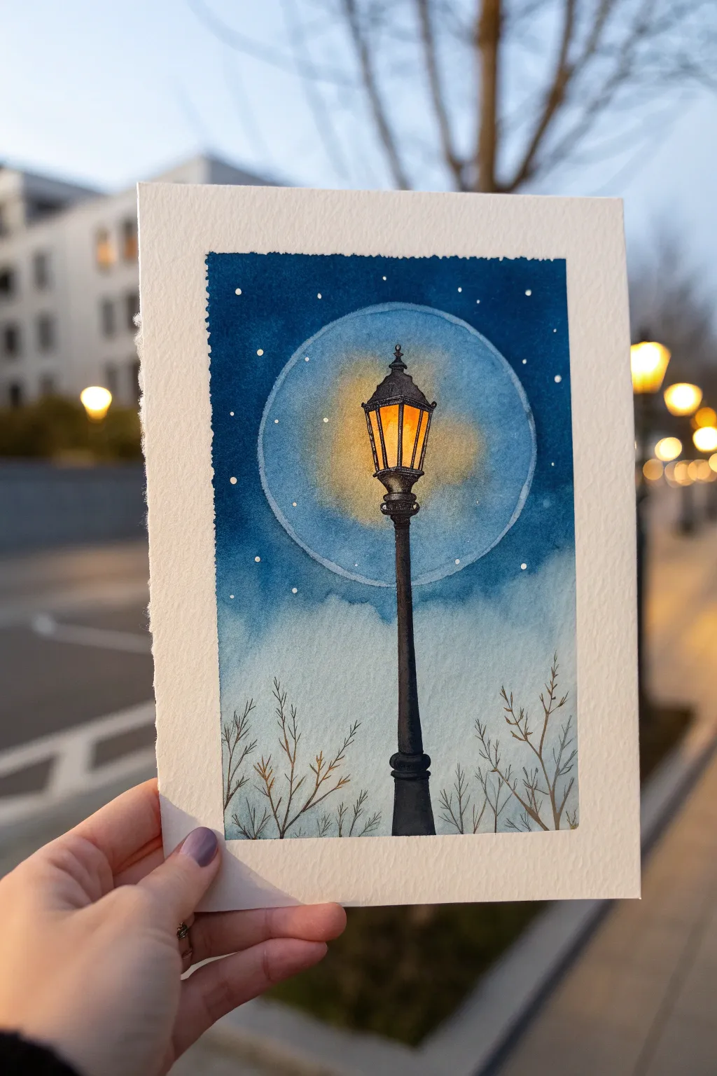 Warm streetlamp halo against a deep blue hazy sky, minimalist and quietly cinematic.