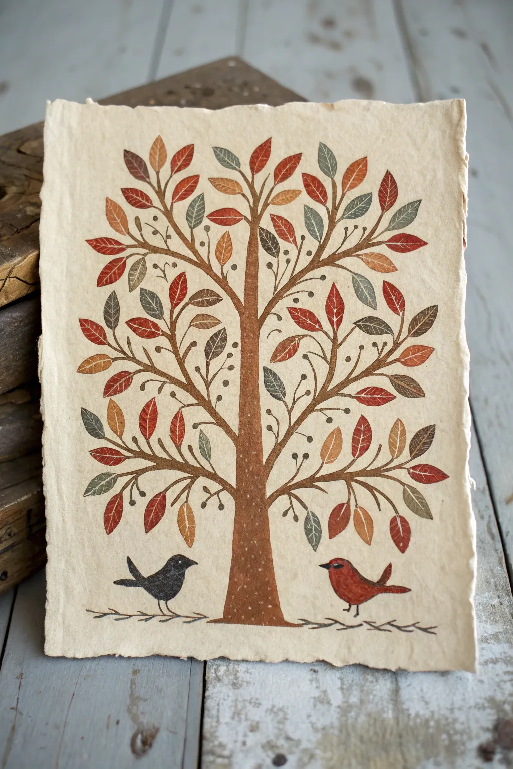 Warm primitive Tree of Life with simple birds, a calm Scandinavian folk-art painting idea