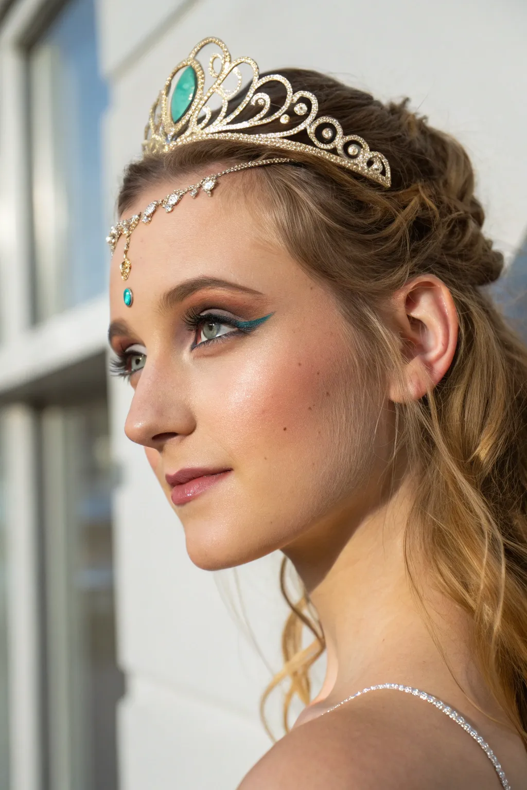 Side-swept tiara face paint with jewel cluster, minimalist princess sparkle in soft Nordic light