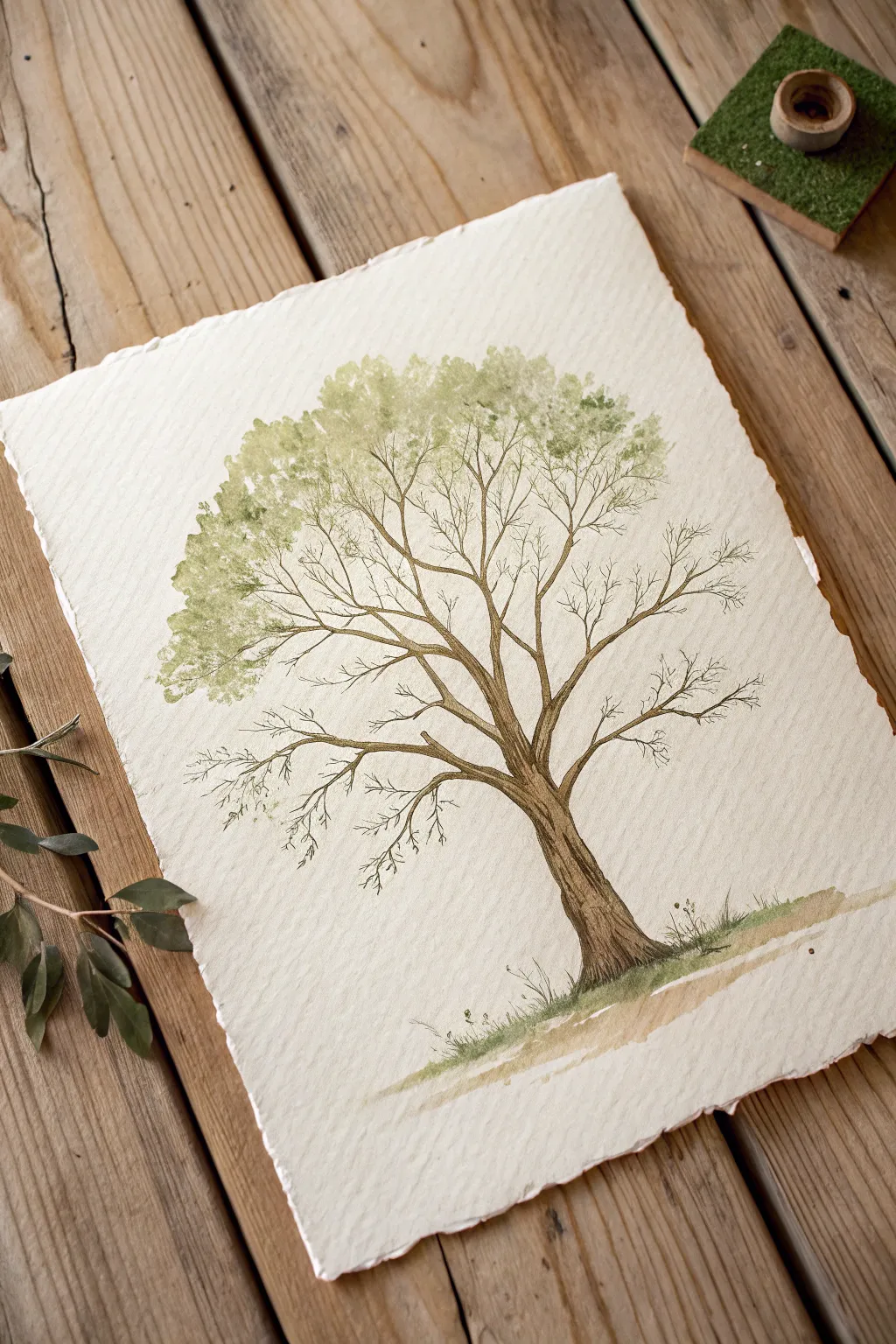 Create a minimalist sponge texture tree print with soft boho greens and crisp contrast.