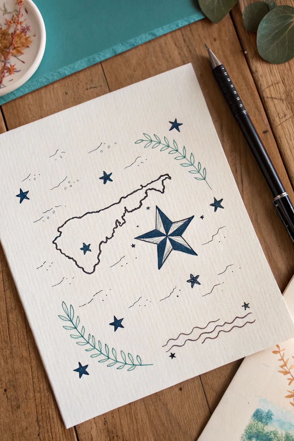 Minimal Puerto Rico map with La Estrella Solitaria and tiny waves, flowers, and coquí accents