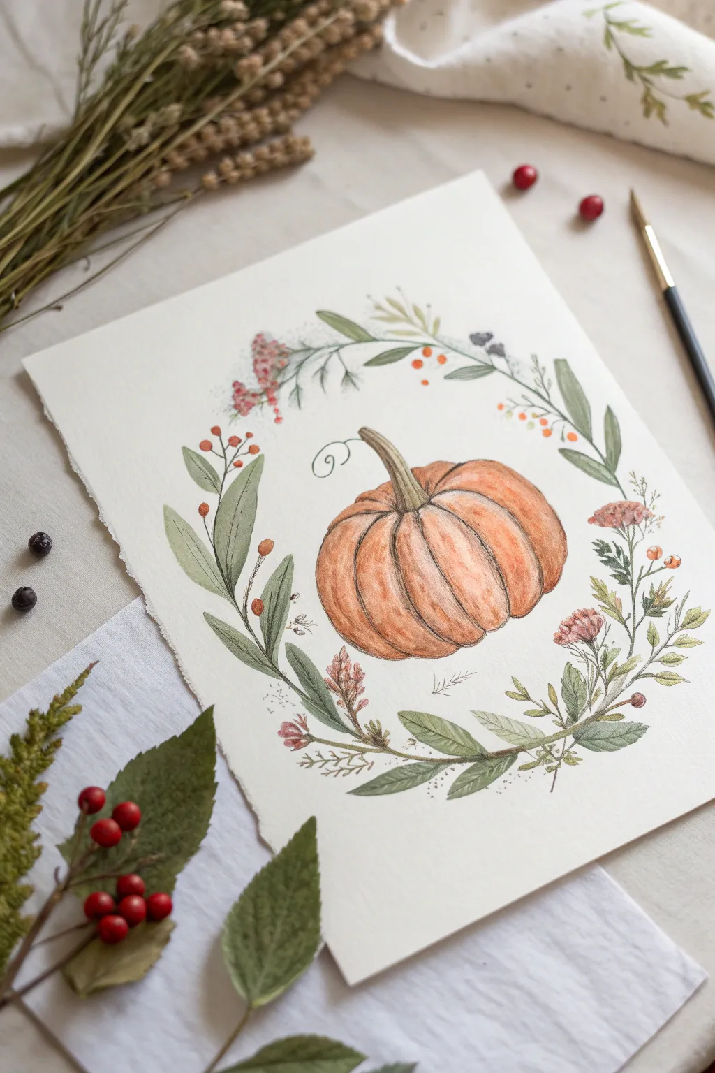 Minimal pumpkin drawing framed by a loose autumn floral wreath, soft Scandinavian boho contrast