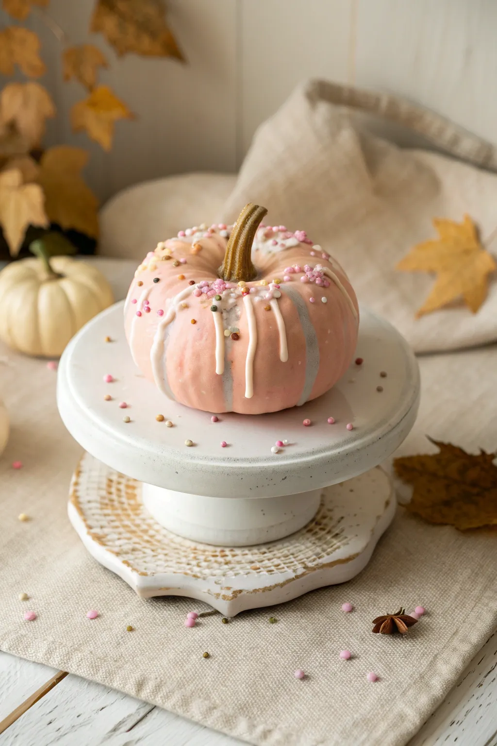 Donut pumpkin with glossy drippy icing and sprinkles, styled minimal on a cake stand