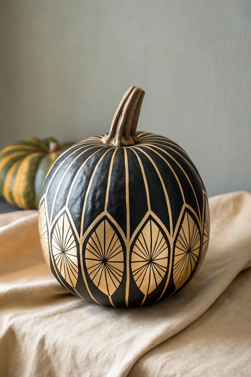 Art Deco fan motifs and bold borders on a luxe black, cream, and gold pumpkin.