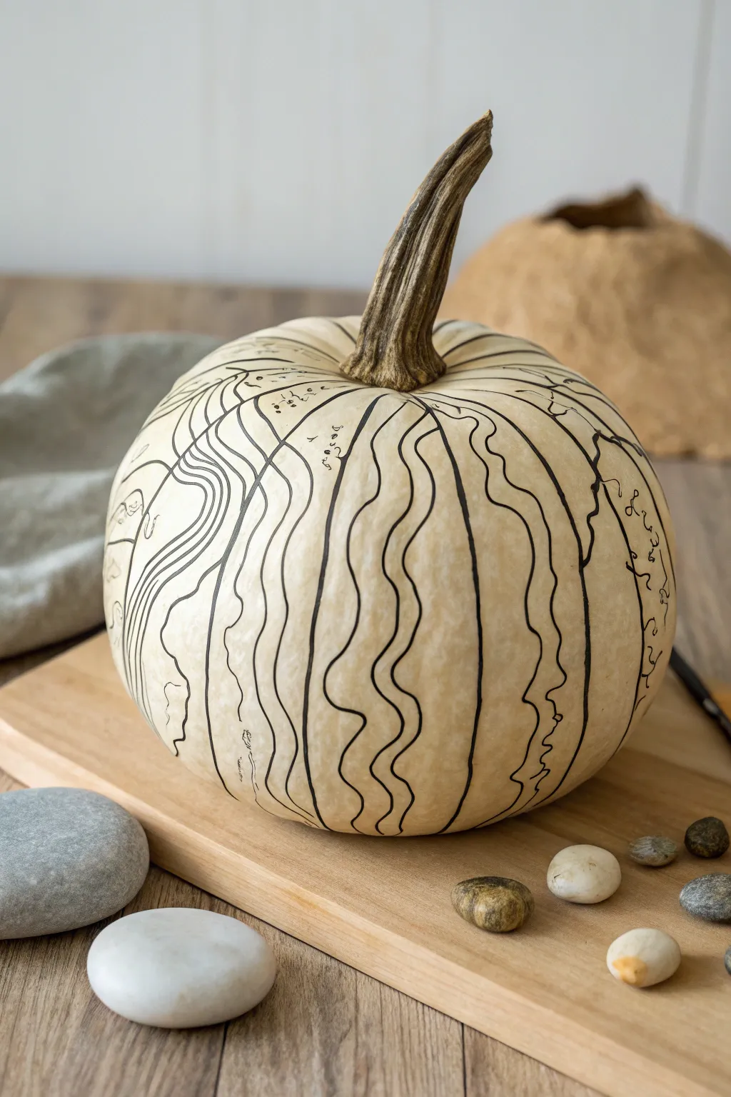 Topographic contour-line pumpkin in black on greige, styled simply with wood and stone.