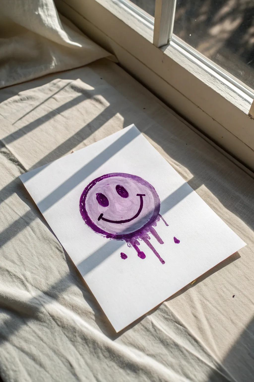 Drippy purple smiley face with plum shadows, a minimalist surreal doodle to try today