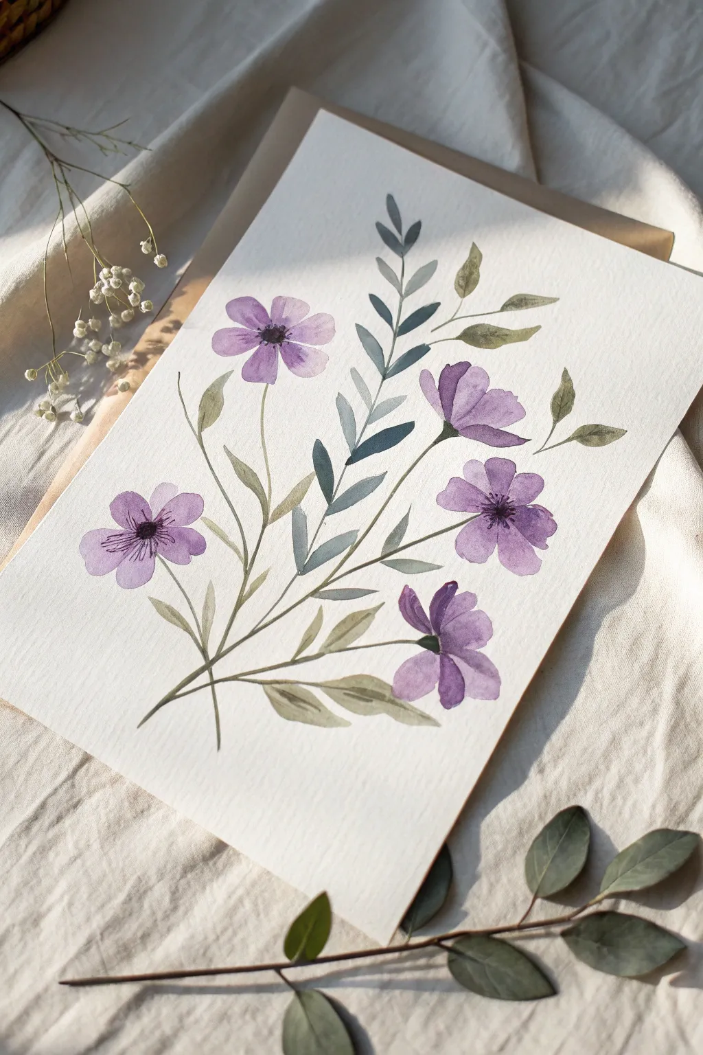 Loose purple five-petal blossoms with dark centers, minimalist watercolor vibe for easy practice