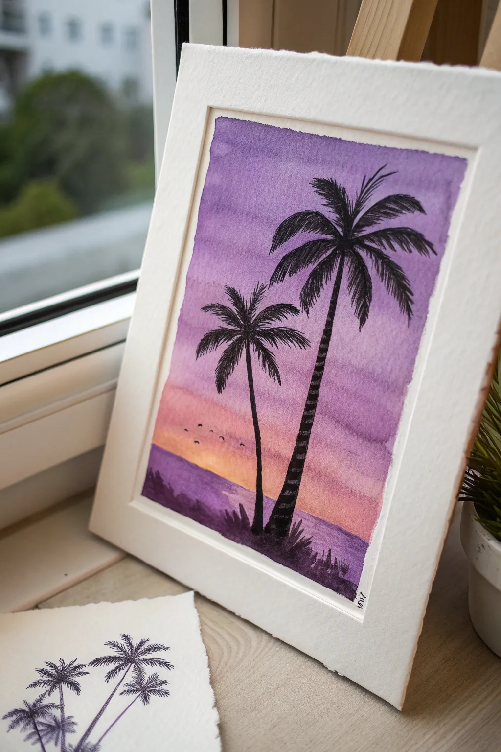 Minimalist palm silhouettes against a rich purple sunset gradient, an easy chic painting idea.