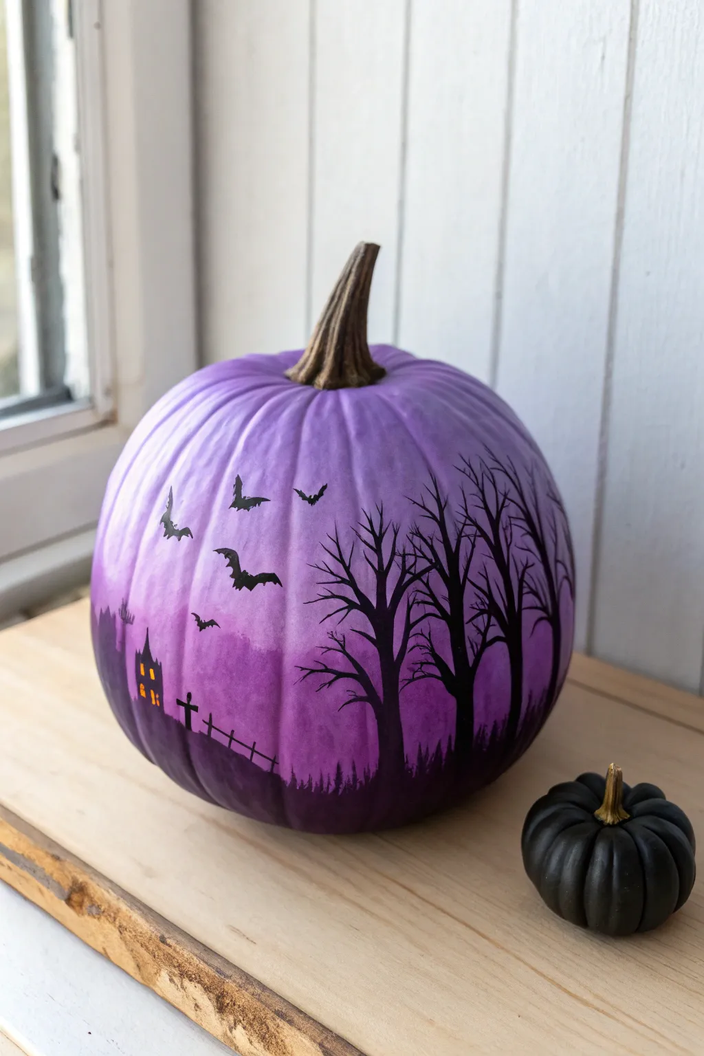 Twilight purple pumpkin with crisp black graveyard silhouettes in a minimalist Nordic-boho mood