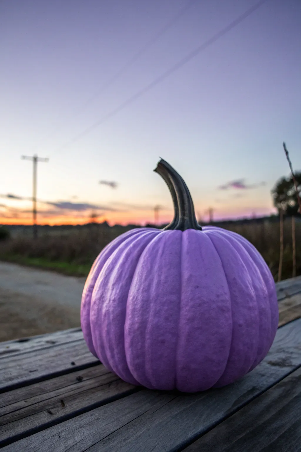Purple pumpkin centerpiece with twilight gradient and crisp witching-hour silhouettes in high contrast