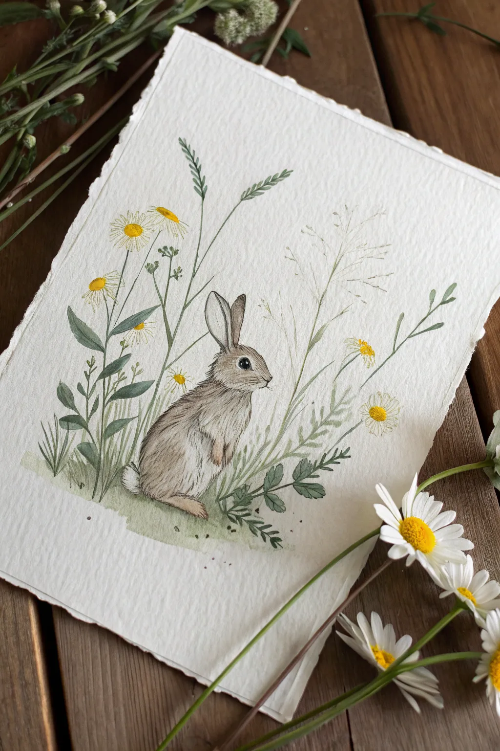 Simple rabbit sketch nestled in daisies, minimalist Scandinavian style with a soft boho touch.