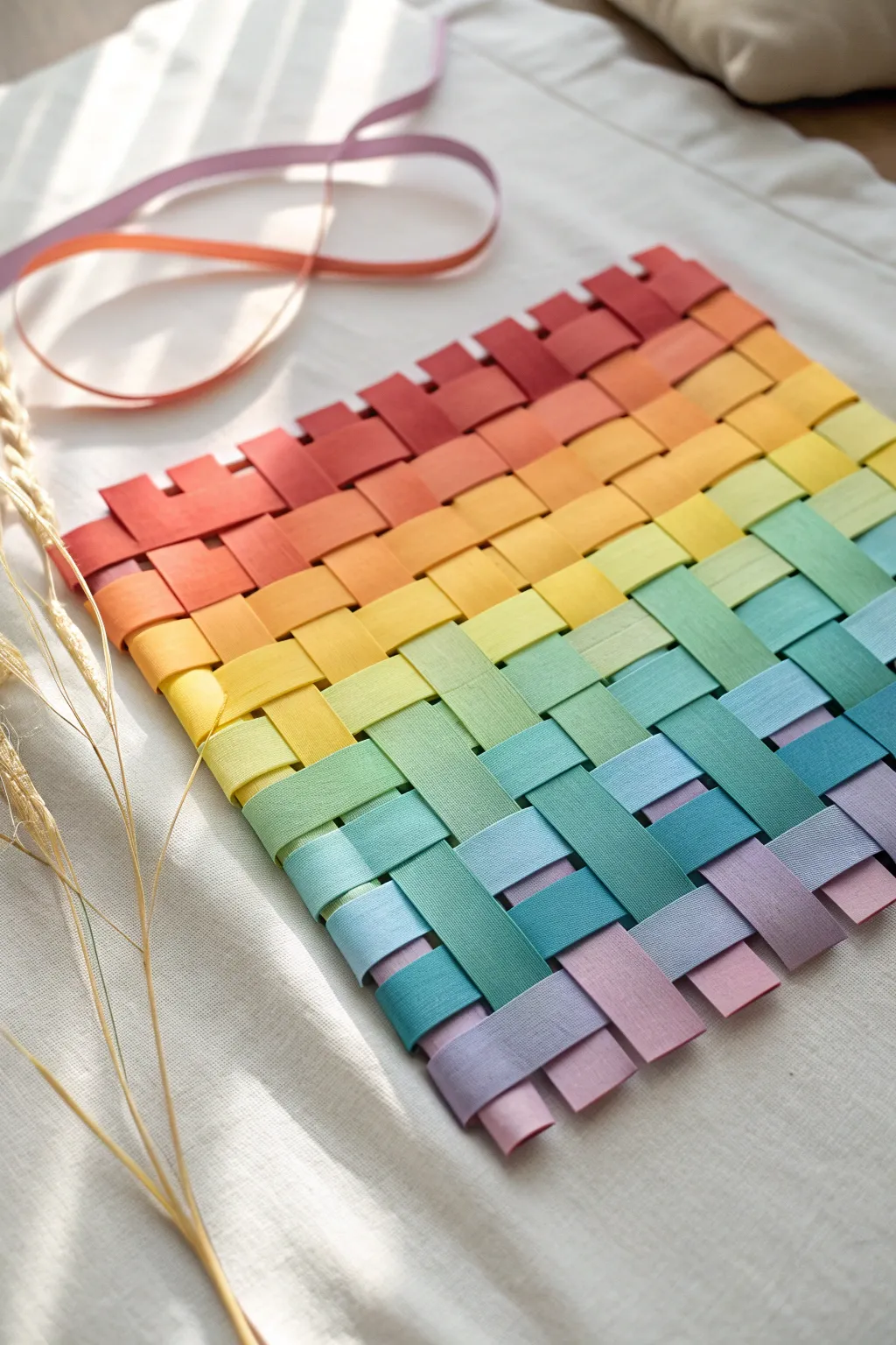 Crisp rainbow paper weaving in a minimalist flat lay, perfect for modern boho craft inspo.