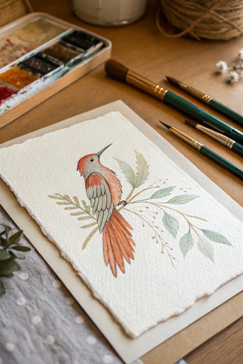 Paint a cute cat-bird hybrid with a bold silhouette and minimal earthy colors on simple paper